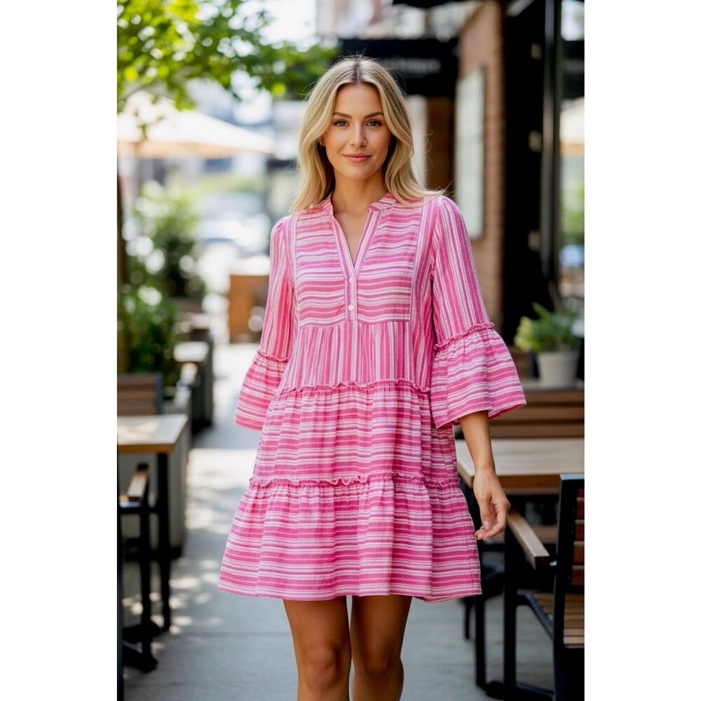 Fate Women's Size Xs Pink/White Striped Topanga Tunic Mini Dress Bell Sleeve